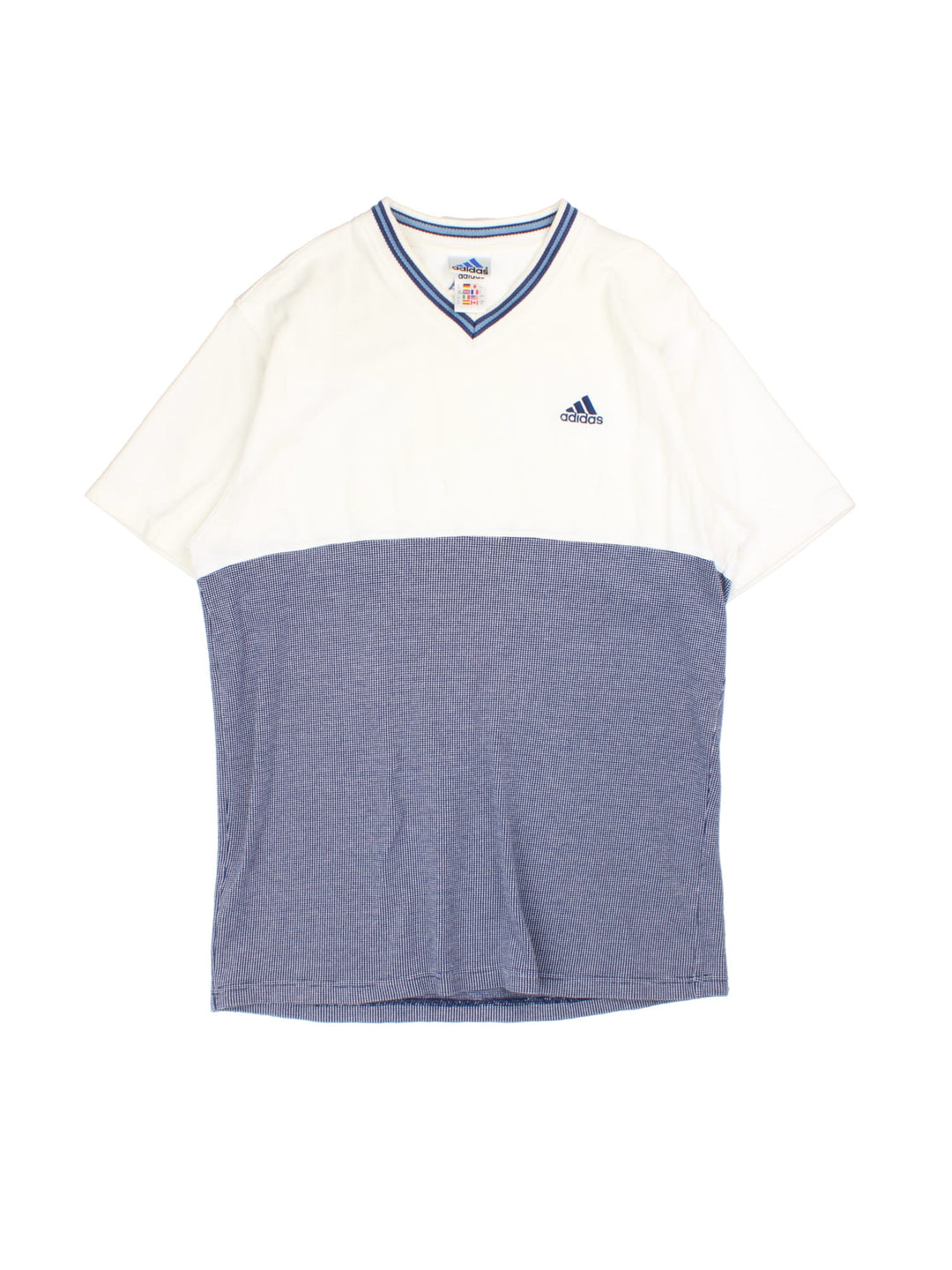 Vintage Adidas v-neck t-shirt in white and blue colors with an embroidered Adidas logo on the front