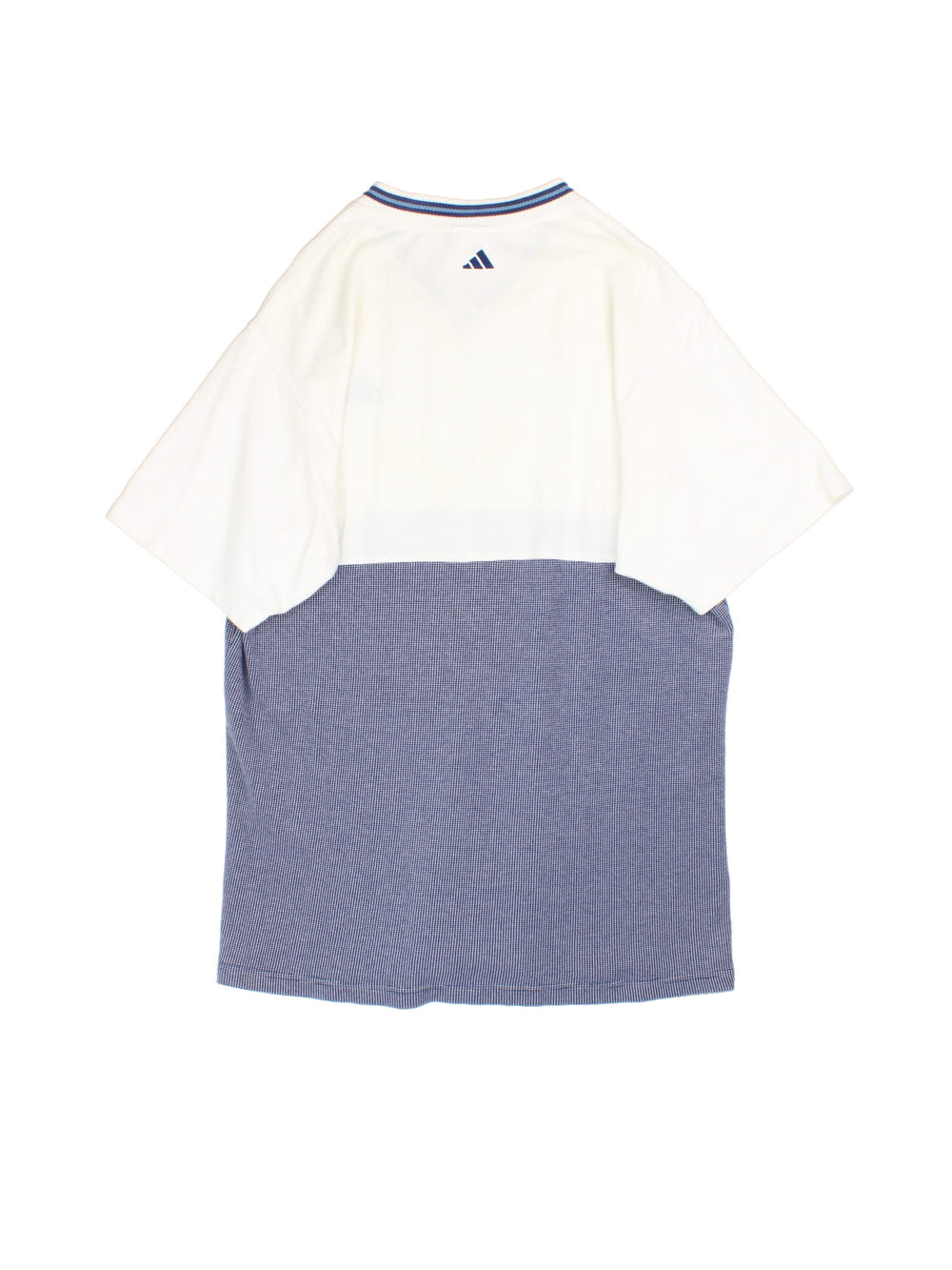 Vintage Adidas v-neck t-shirt in white and blue colors with an embroidered Adidas logo on the front