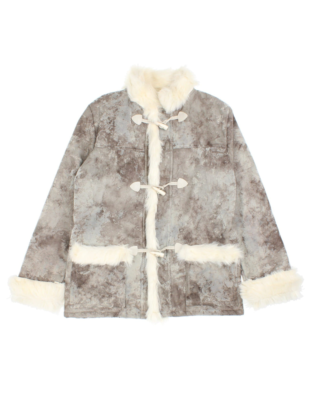 Vintage Afghan Shearling Coat in a grey colourway. Toggle fastening with front patch pockets and faux fur lining.