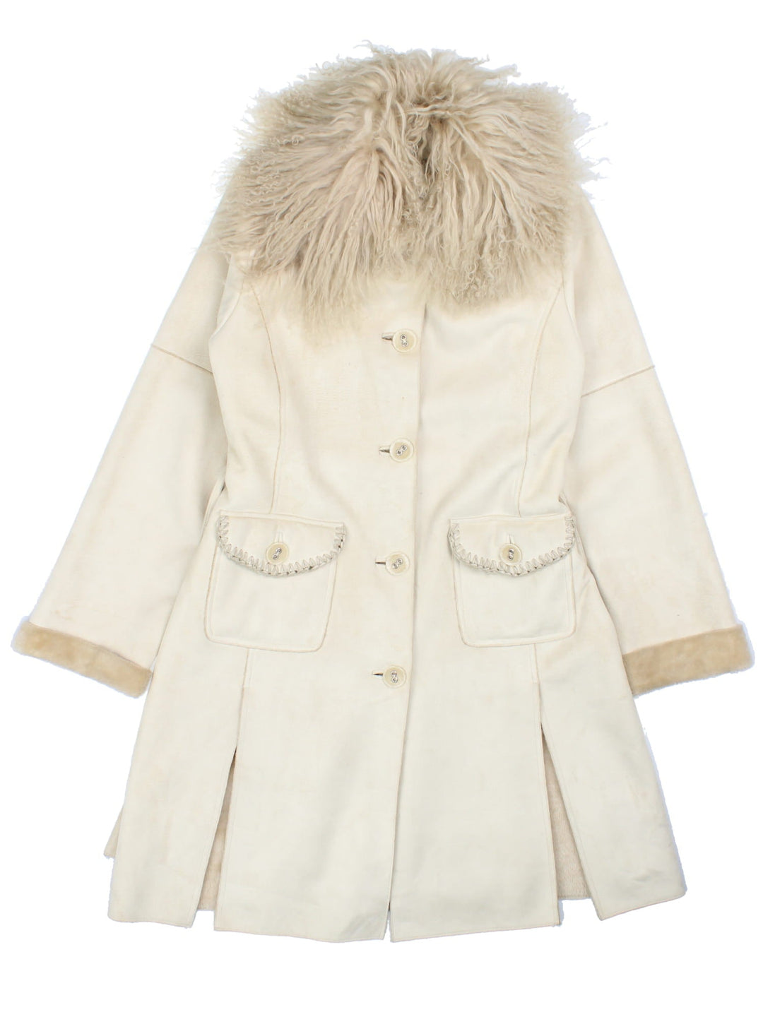 Vintage Mongolian Fur Afghan Coat in a white colourway. Buttons up with front patch pockets, tie belt detailing and faux fur trim