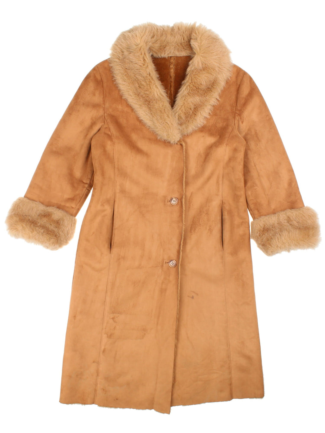 Vintage Faux Fur Trim Afghan Coat in a tan colourway. Buttons up with side pockets and faux fur trim.