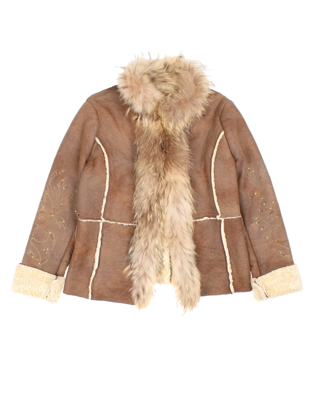Vintage Diamante Sleeve Afghan Coat in a brown colourway. Hook and eye front fastening, diamante sleeve detailing with faux fur cuff and hems.