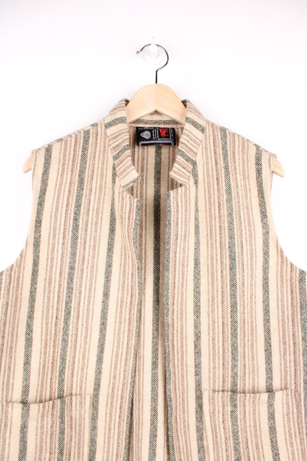 Vintage 100% wool striped vest in tan with two pockets by Eclipse.