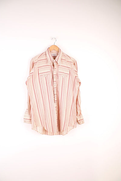 Vintage Patterned Western Shirt in a tan and red colourway, button up with a dagger collar, double chest pockets, and has a striped patterned design printed throughout.
