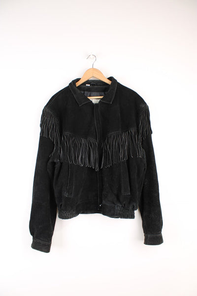 Vintage Wilson's Leather black suede, zip through jacket with fringe detailing across the chest, shoulders and sleeves.