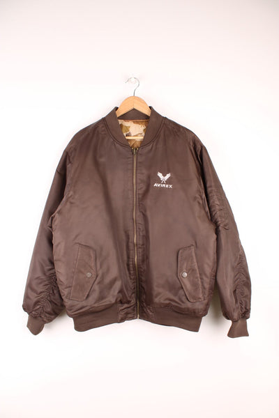 Vintage Avirex brown/camoflauge reversible zip through bomber jacket with embroidered spell-out logos