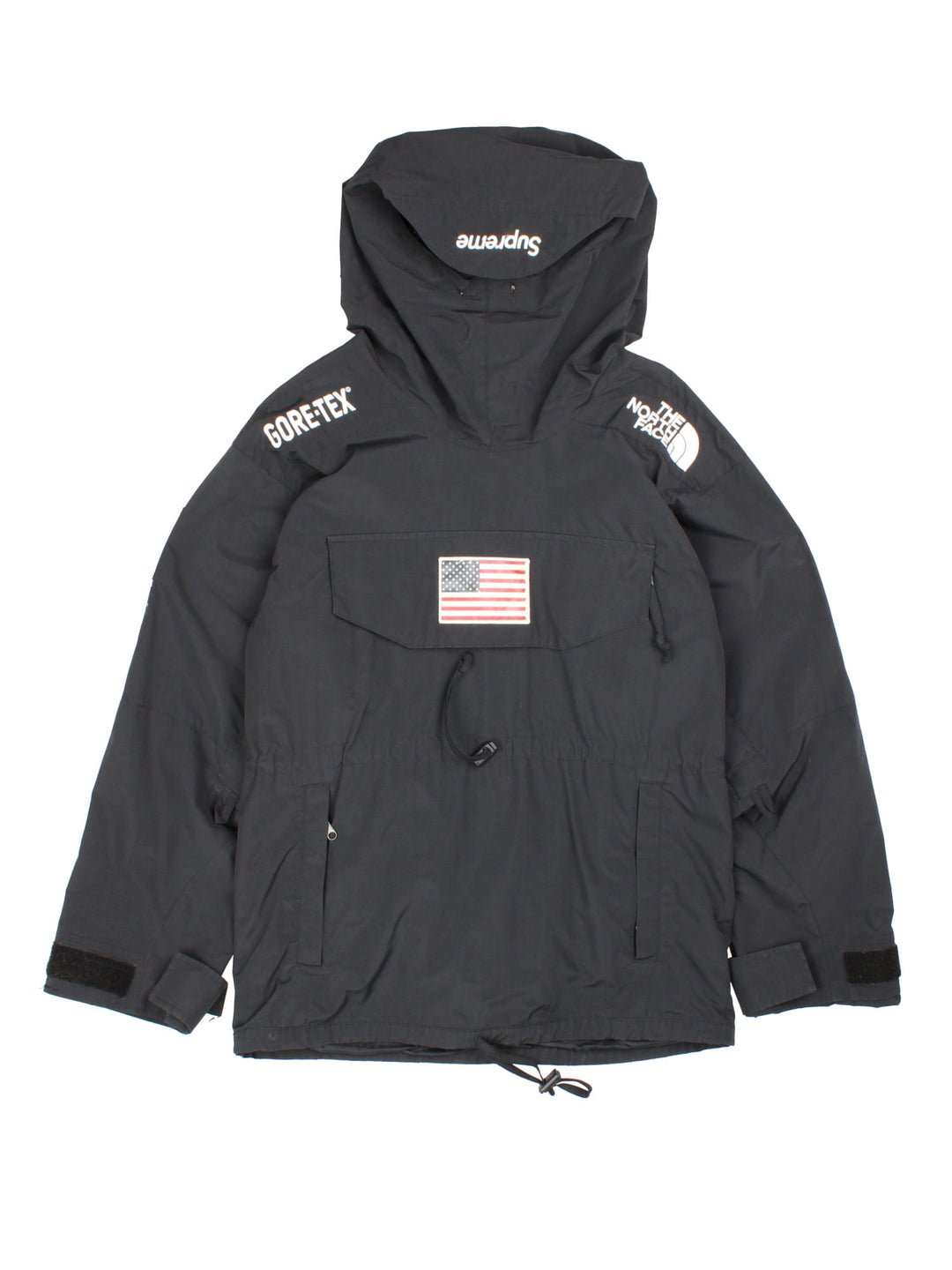 Supreme x The North Face Trans Antarctica expedition pullover jackets, features decorative patches featuring the US flag