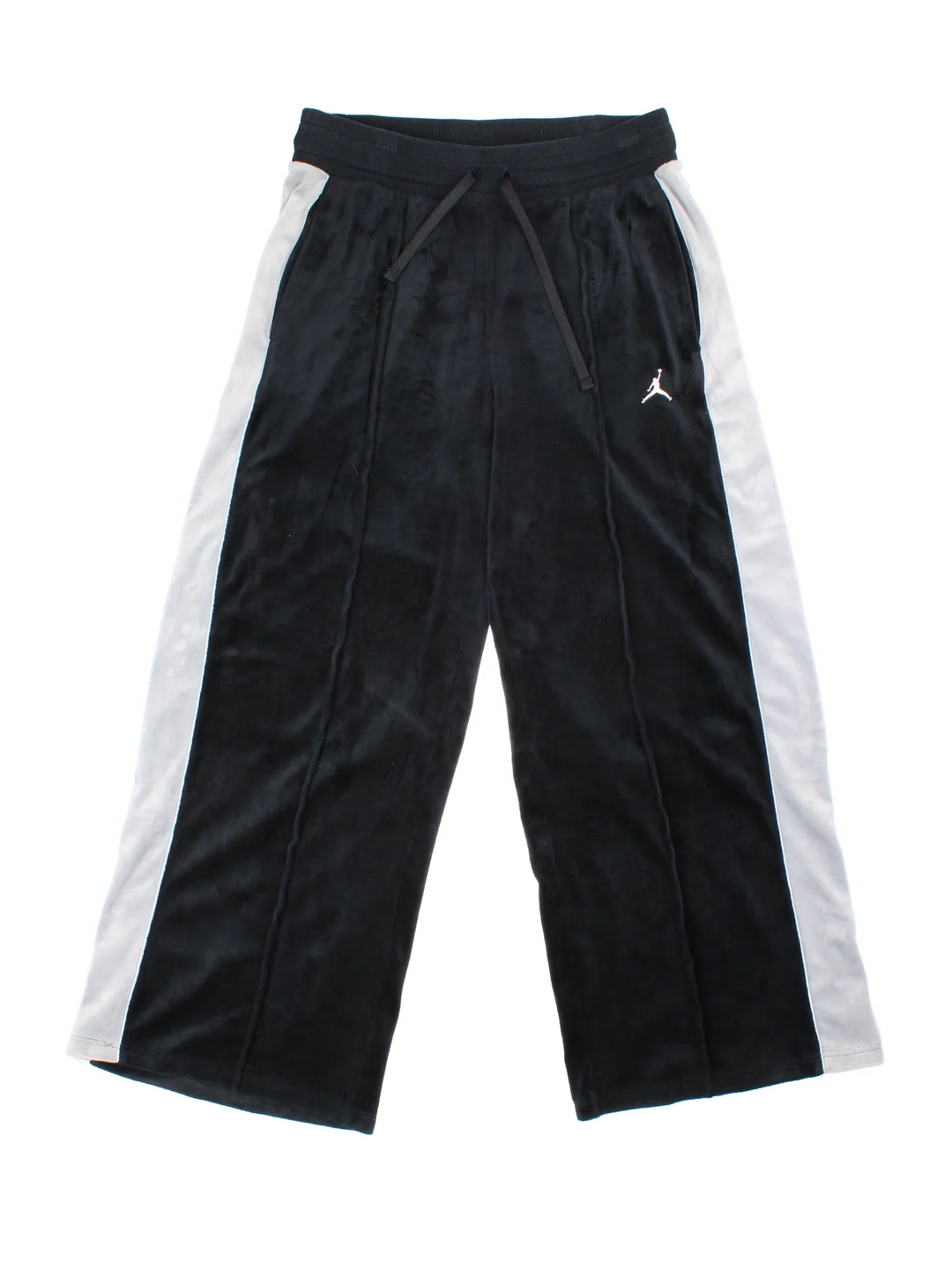 Y2K Air Jordan Velour Tracksuit Bottoms in a black and grey colourway with front pockets, wide leg, adjustable waist with drawstring, and the logo embroidered on the front.