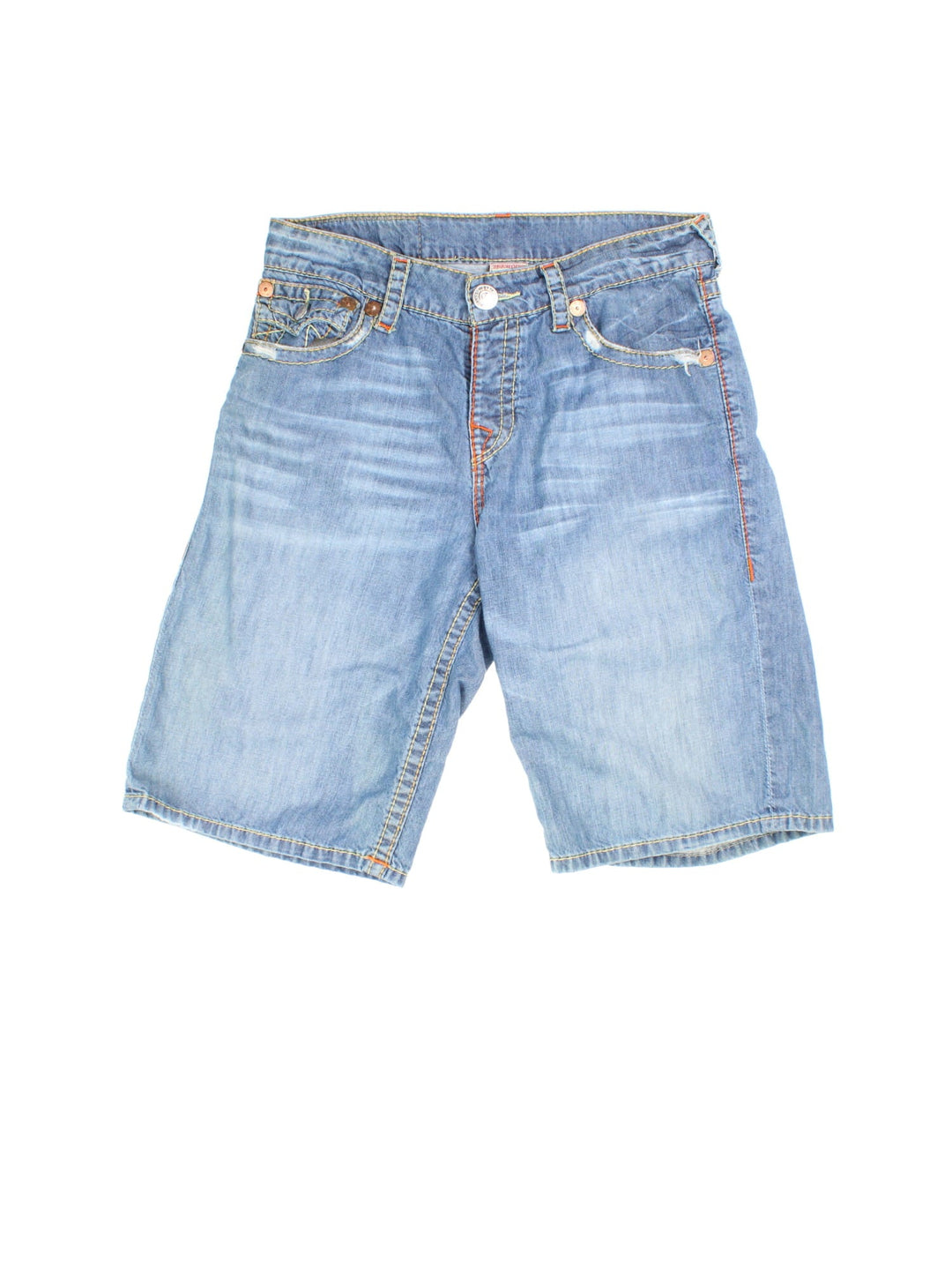 True Religion Y2K Jorts in blue colourway with multiple pockets and the logo embroidered on the back pockets.