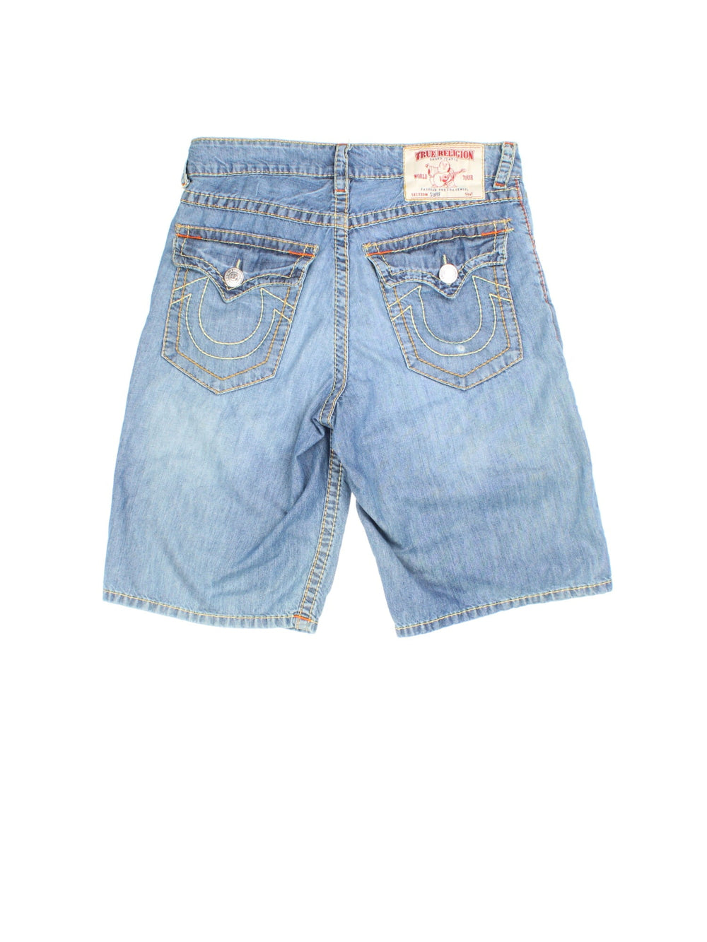 True Religion Y2K Jorts in blue colourway with multiple pockets and the logo embroidered on the back pockets.