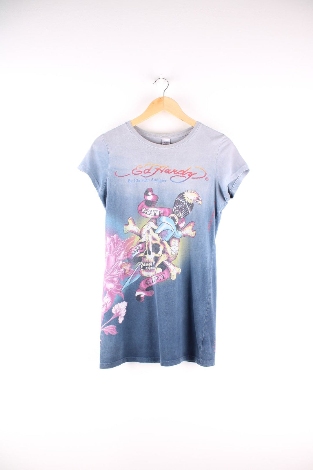 Y2K Ed Hardy by Christian Audigier t-shirt in a blue colourway with front and back spellout, 'Death or Glory' skull graphic, and flowers wrapping around to the back.