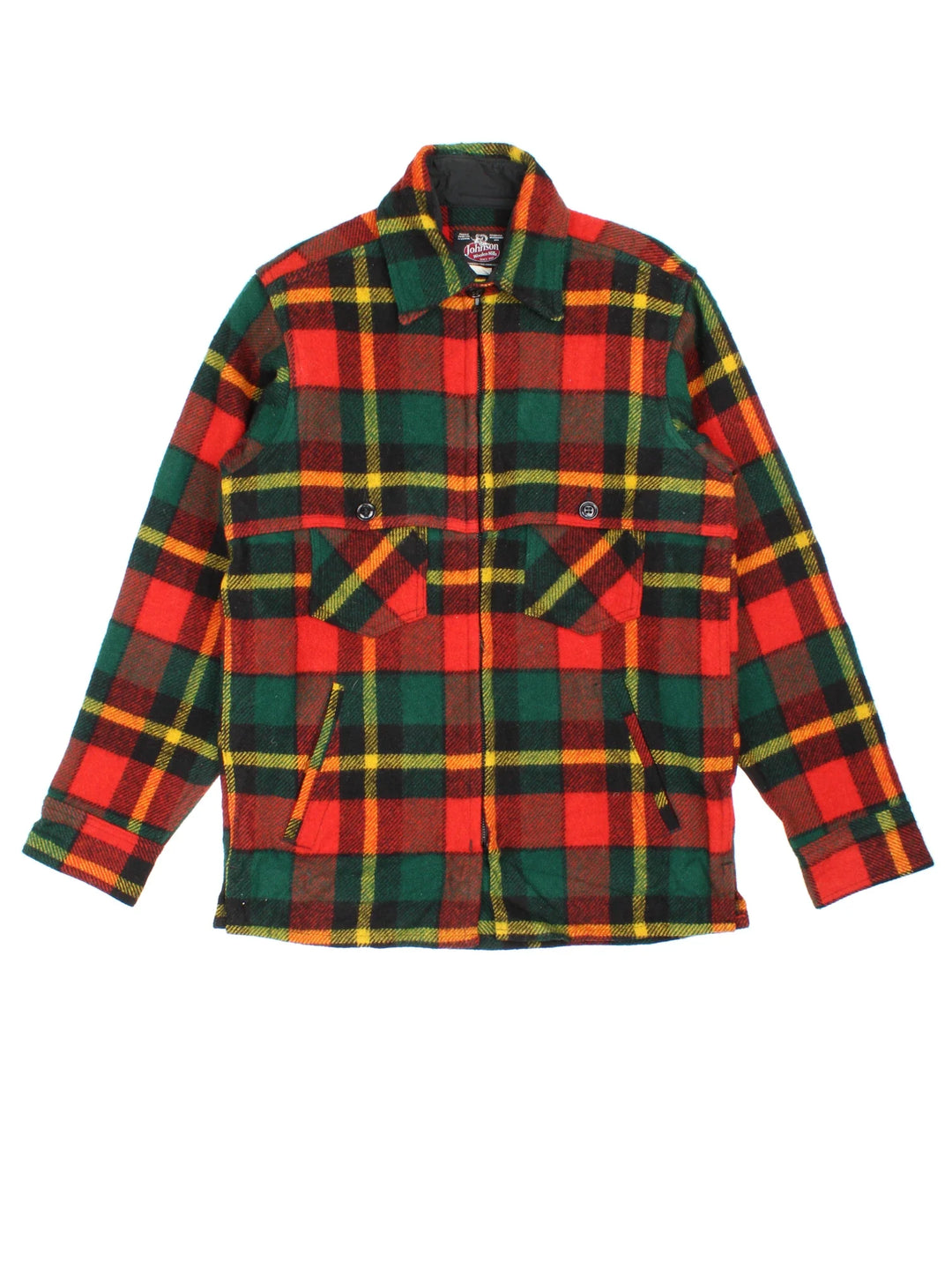 Vintage Johnson Woollen Mills Plaid CPO Coat in a red, green, black and yellow colourway. Buttons up and has multiple pockets, and all over plaid pattern.