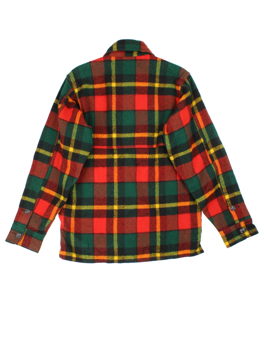 Vintage Johnson Woollen Mills Plaid CPO Coat in a red, green, black and yellow colourway. Buttons up and has multiple pockets, and all over plaid pattern.