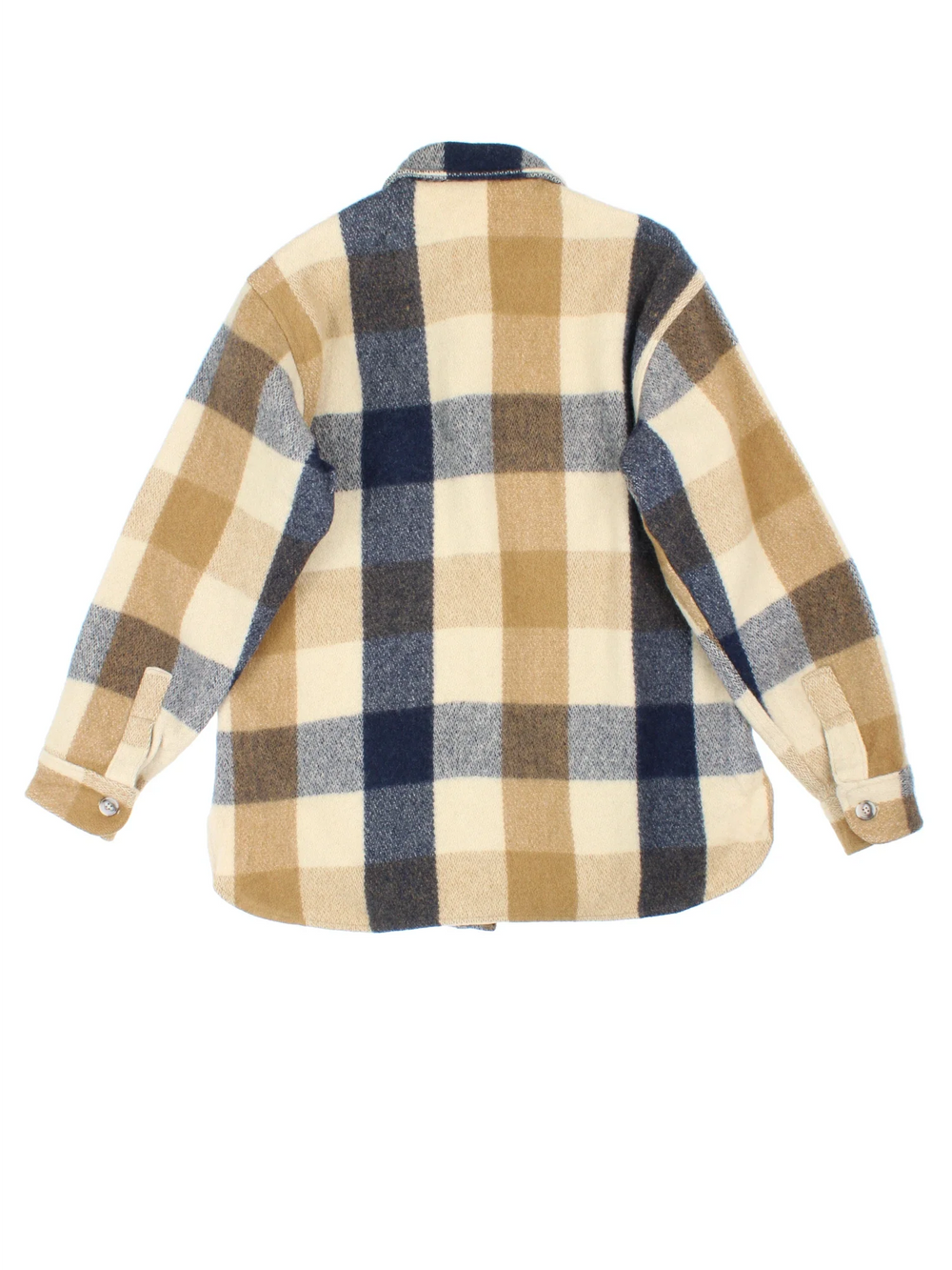Vintage Woolrich Checked Woollen Flannel CPO Jacket in a tan brown and blue colourway. Buttons up and has double chest pockets, and all over checked pattern.