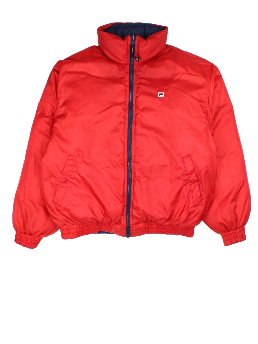 Vintage Fila Reversible Puffa Coat in either a blue or red colourway. Zips up with side pockets, down insulated with elasticated hems, and has the logo embroidered on the front and neck.