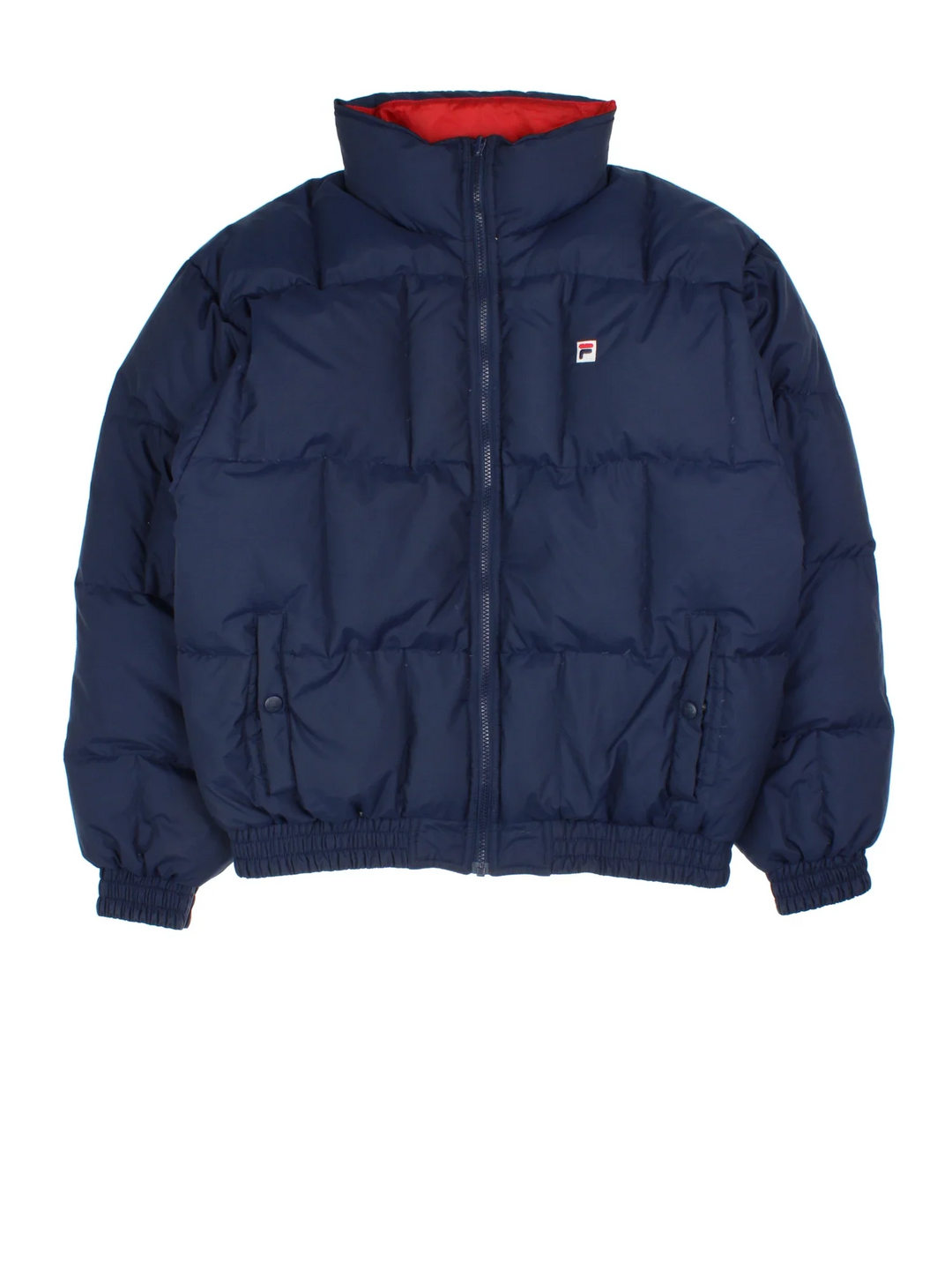 Vintage Fila Reversible Puffa Coat in either a blue or red colourway. Zips up with side pockets, down insulated with elasticated hems, and has the logo embroidered on the front and neck.