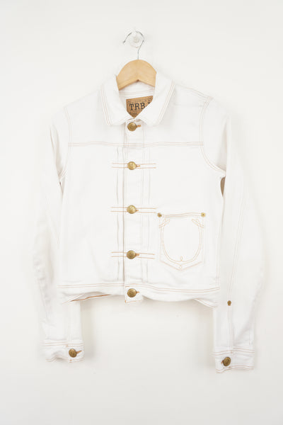 True Religion all white denim jacket with brown contrast stitching 