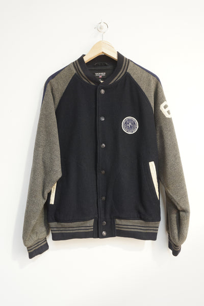 Vintage Ralph Lauren: Polo Jeans navy blue and grey wool varsity jacket with embroidered details on the chest and back