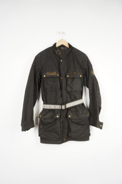 Vintage Made In England Belstaff Trial Master faded black wax jacket with Belstaff logo on sleeves, plaid lining 
