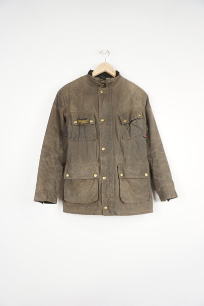 Women's Belstaff faded brown wax jacket with Belstaff logo on sleeve and pocket, plaid lining