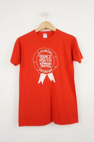 Vintage all red 'Peace River, Bluegrass Festival' single stitch, spell-out t-shirt 