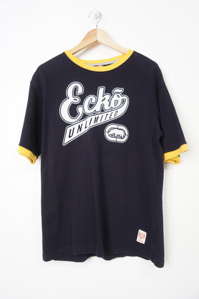 Vintage ECKO Unltd navy blue and yellow spell-out ringer t-shirt 