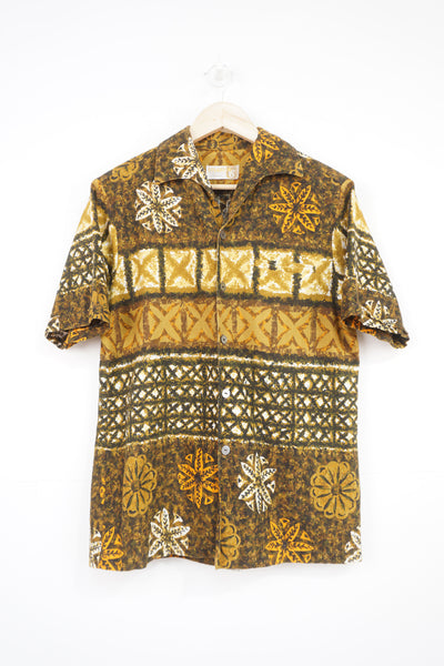 Vintage Iolani Hawaiian brown / khaki tropical print short sleeved shirt