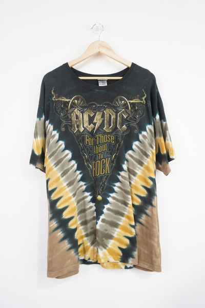 Vintage Liquid Blue x ACDC 'for those about to rock' black and gold tie dye t-shirt with graphics on the front and back