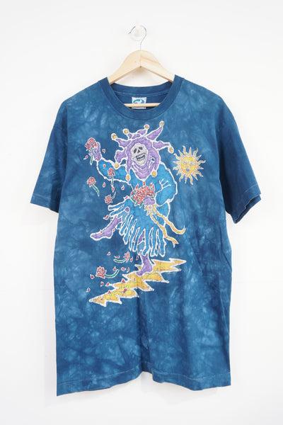 Vintage 1994 Liquid Blue single stitch Grateful Dead blue tie dye t-shirt with skeleton jester on the front and spell-out graphic on the back