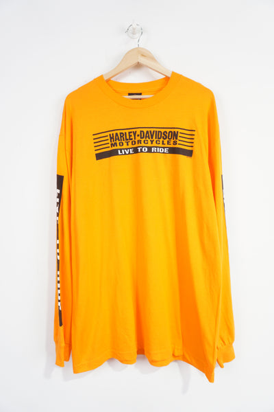 Harley Davidson orange long sleeve t-shirt with spell-out and graphic on the front and back