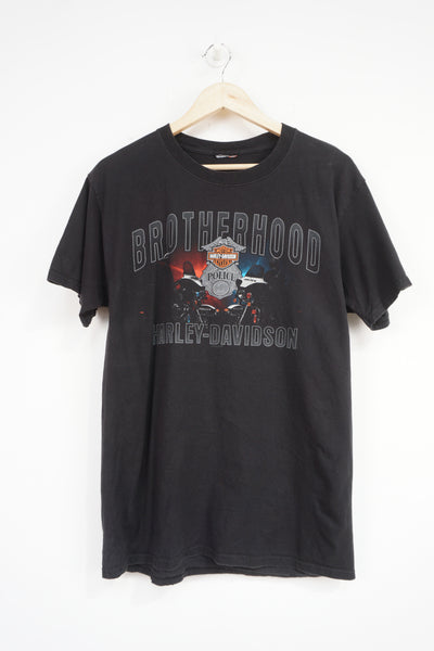 'Brotherhood' Police Harley Davidson black t-shirt with spell-out graphic on the front and back 