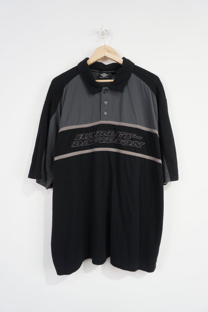 Harley Davidson black and grey polo shirt with embroidered spell-out logo on the front and back