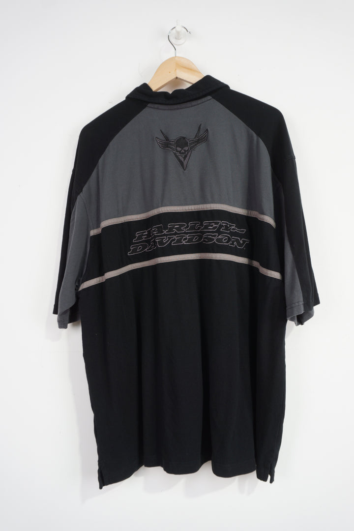 Harley Davidson black and grey polo shirt with embroidered spell-out logo on the front and back