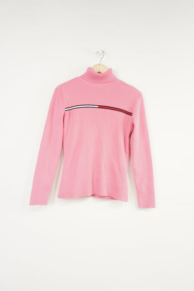 Tommy Hilfiger pink high neck ribbed jumper with signature flag logo across the chest