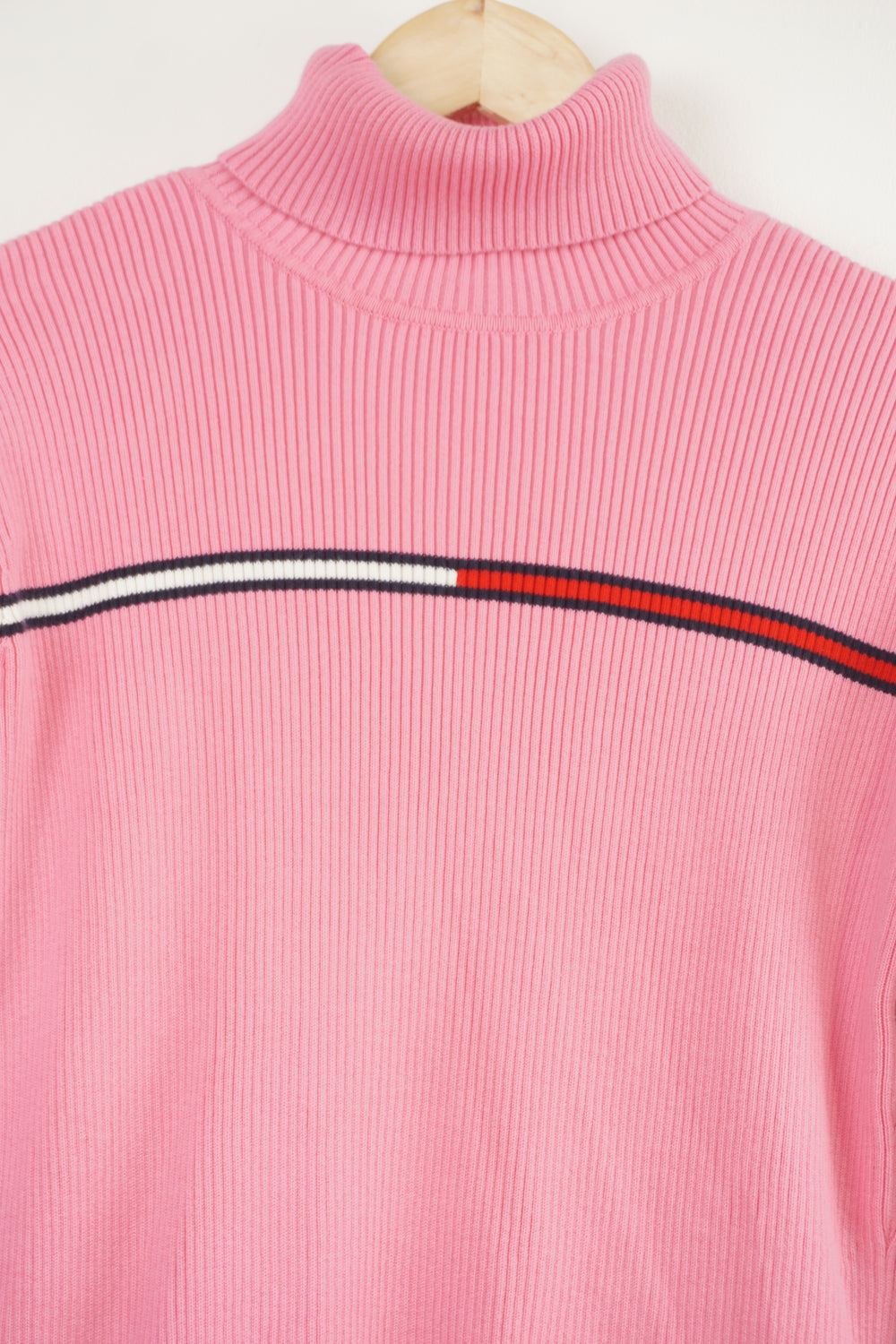 Tommy Hilfiger pink high neck ribbed jumper with signature flag logo across the chest