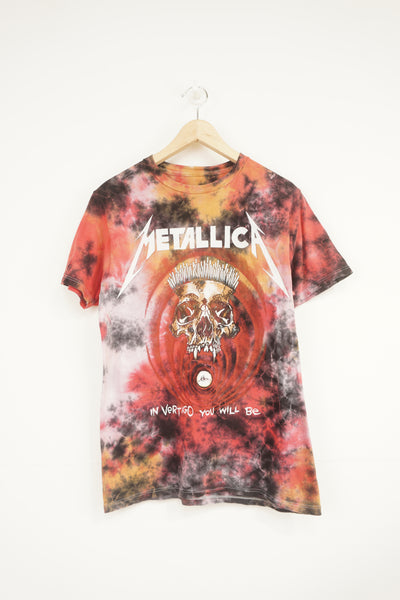 Metallica red and black tie dye t-shirt with skull graphic on the front 