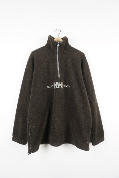 Vintage Helly Hansen brown pullover 1/4 zip fleece, features embroidered spell-out logo across the chest