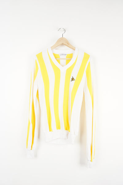 Vintage 80's Made in England Dunlop yellow and white striped, knitted jumper features embroidered logo on the chest