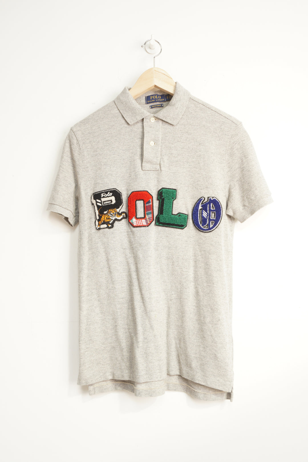 Vintage Ralph Lauren grey polo shirt with embroidered logo 3D spell out logo across the chest