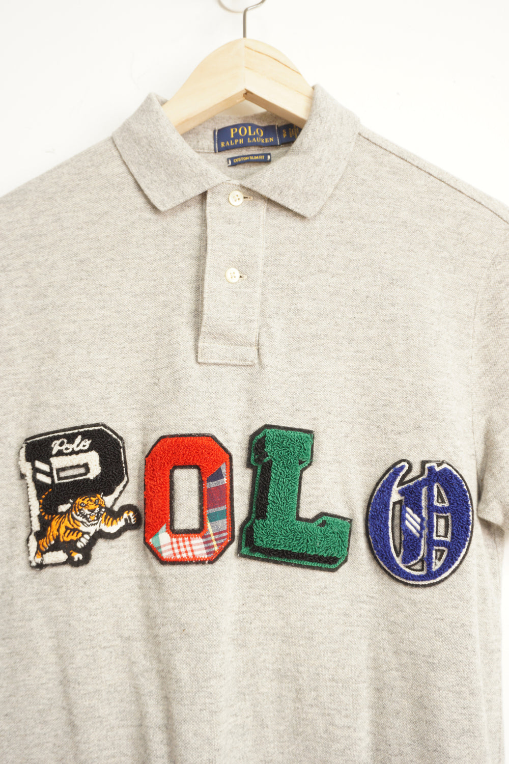 Vintage Ralph Lauren grey polo shirt with embroidered logo 3D spell out logo across the chest