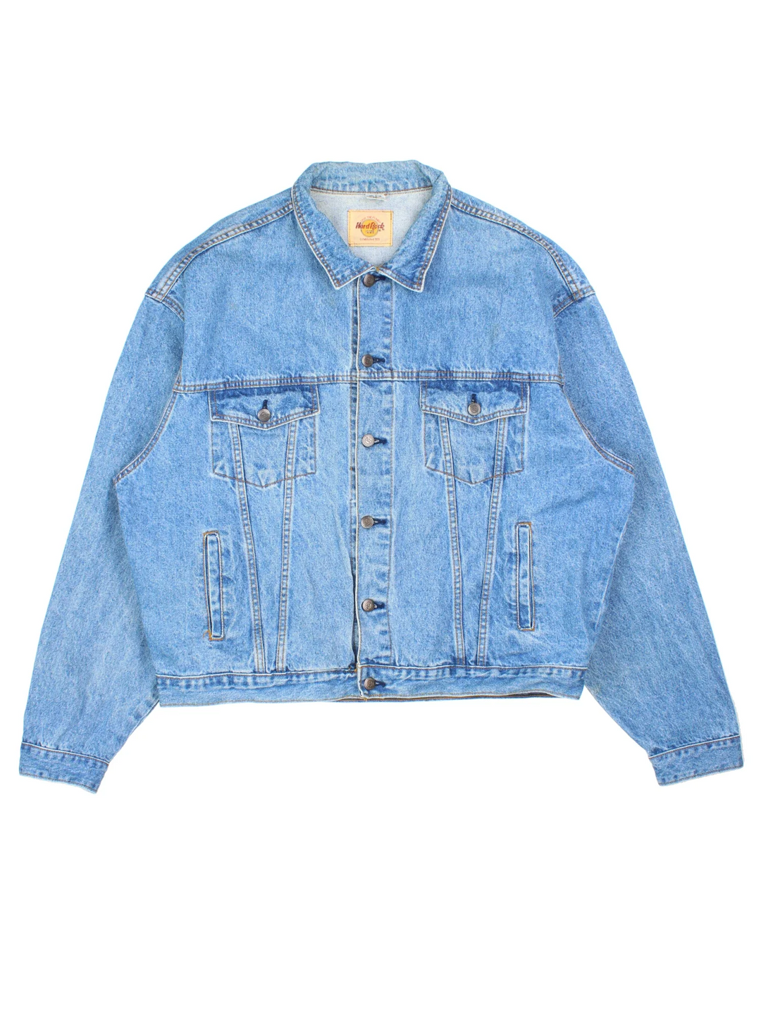 Vintage 90's Hard Rock Cafe Denim Jacket in a blue colourway. Buttons up and has multiple pockets, and the logo embroidered on the back.