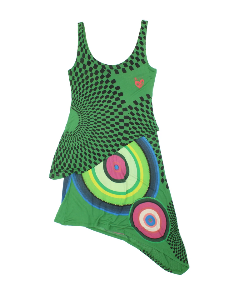 Vintage Y2K Desigual Asymmetrical Dress in green colourway with asymmetrical hemline and all over pattern and beaded detail.