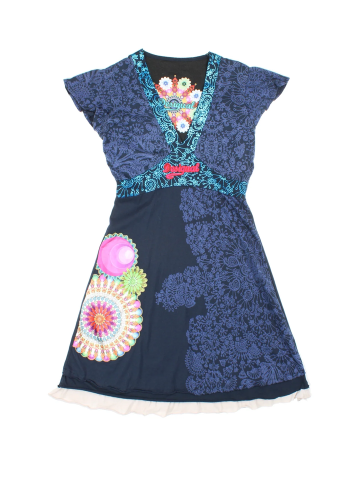 Vintage Y2K Desigual Asymmetrical in blue colourway with frill hemline and embroidered branding on front and back.