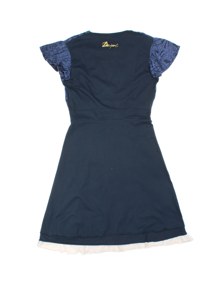 Vintage Y2K Desigual Asymmetrical in blue colourway with frill hemline and embroidered branding on front and back.