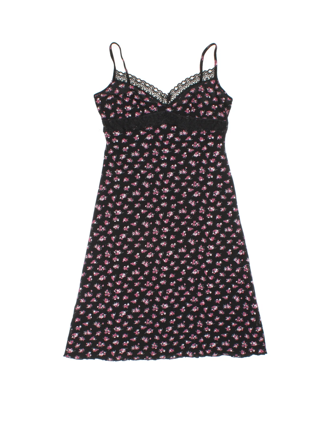 Vintage Y2K Ditsy Floral Mini Dress in black/pink colourway with frill hemline and lace bust detail.