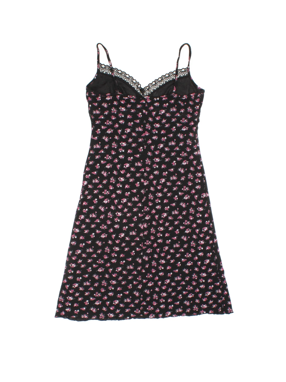 Vintage Y2K Ditsy Floral Mini Dress in black/pink colourway with frill hemline and lace bust detail.