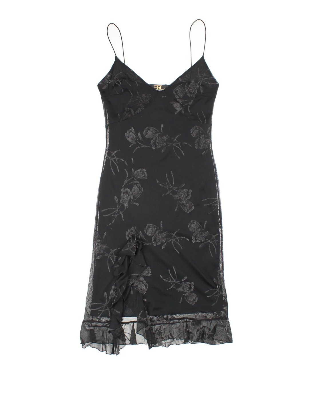 Vintage Y2K Floral Midi Dress in black colourway, with frill hemline and sheer overlay.