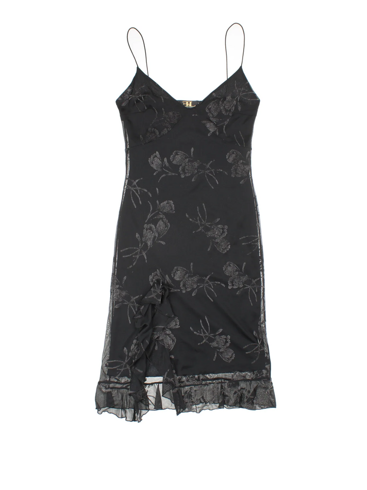 Vintage Y2K Floral Midi Dress in black colourway, with frill hemline and sheer overlay.