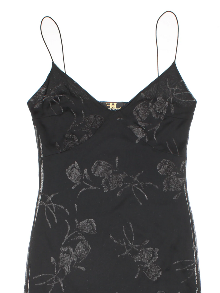 Vintage Y2K Floral Midi Dress in black colourway, with frill hemline and sheer overlay.