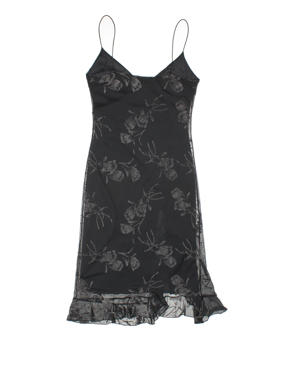 Vintage Y2K Floral Midi Dress in black colourway, with frill hemline and sheer overlay.